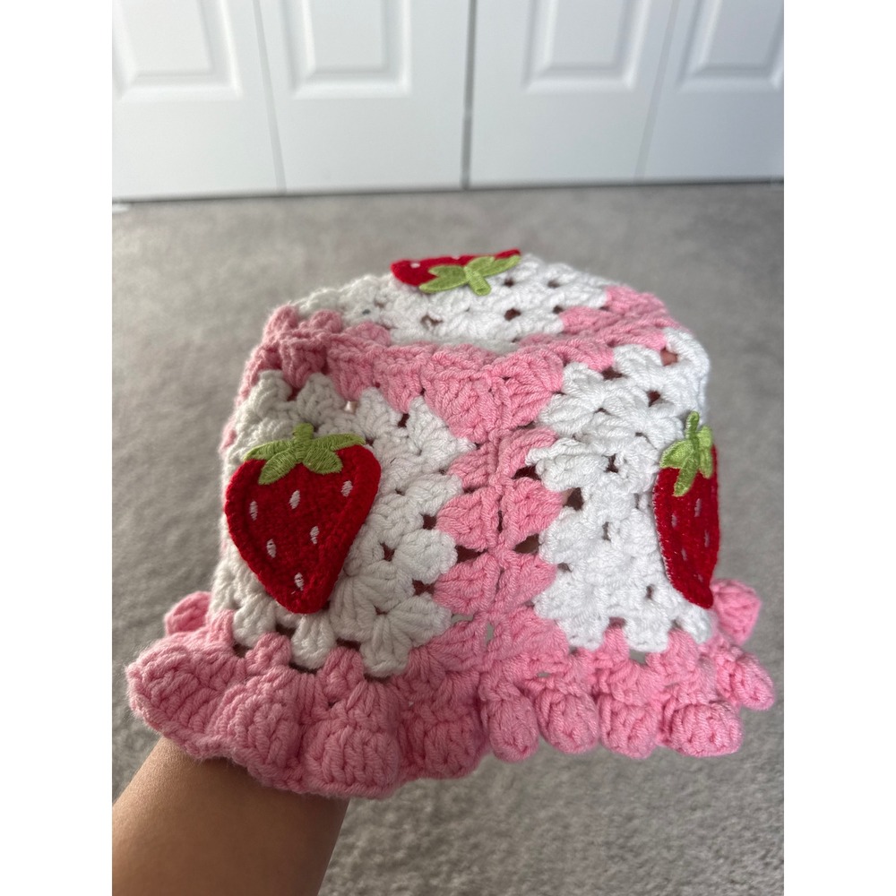 Handmade Strawberry Crochet Bucket Hat Pink White Granny Square Ruffle Brim Hat